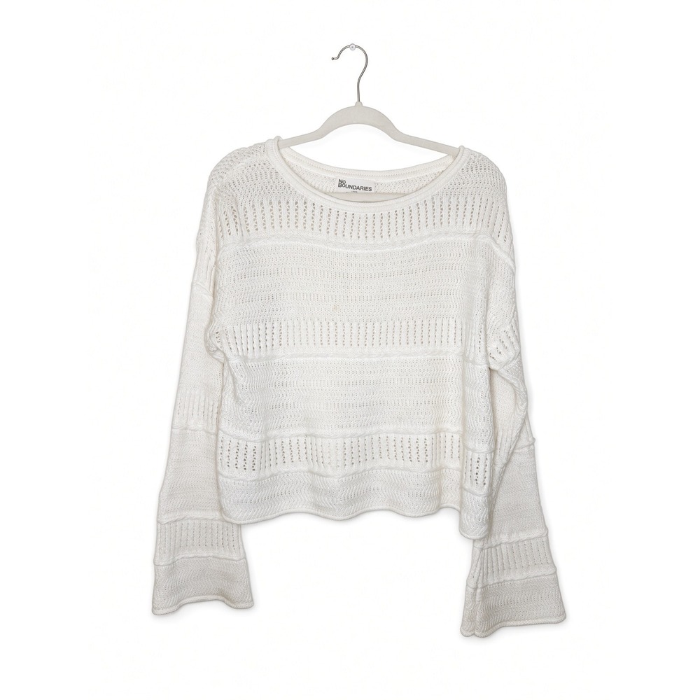 No Boundaries Womens Large White Knit Cropped Sweater Bell Sleeve Pointelle Boho